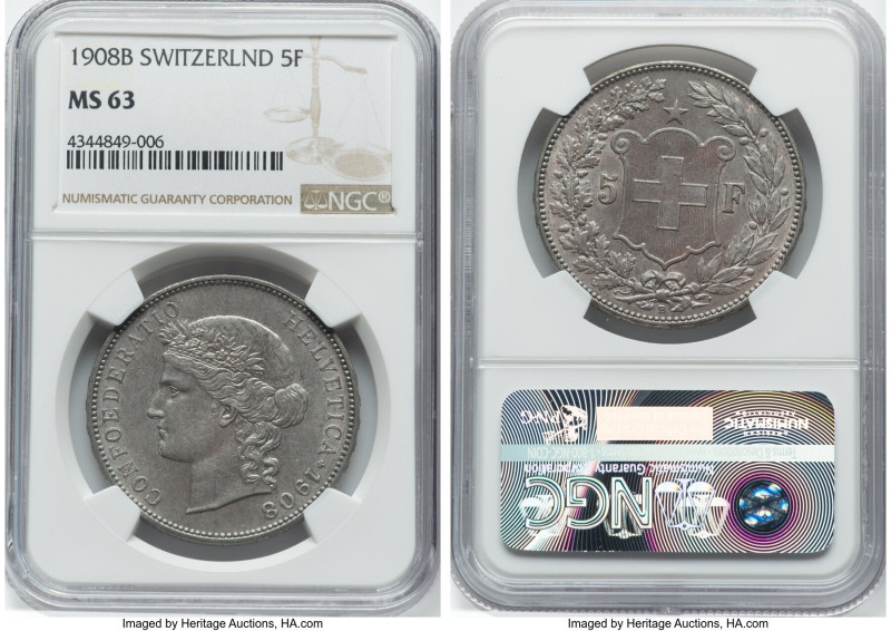 Confederation 5 Francs 1908-B MS63 NGC, Bern mint, KM34. HID09801242017 © 2023 H...