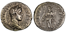 Denarius AR
Elagabal (220-221), Rome, IMP ANTONINVS AVG, laureate bust of Elagabal right. / LIBERTAS AVG, Libertas standing left holding pileus and s...