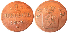 1 Heller Cu
Großherzogtum Hessen-Darmstadt, 1849
Ludwig III
17 mm, 1,41 g
KM# 329