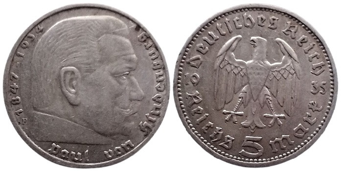 5 Mark AR
Germany, Hindenburg, 1935 F
28 mm, 13,90 g