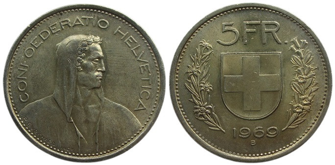 5 Franken AR
Switzerland, 1969 B, Silver 835/1000
31 mm, 15 g