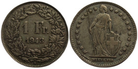 1 Frank AR
Switzerland, 1943, Silver 835/1000
23 mm, 5 g