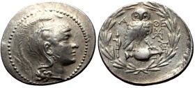 Attica, Athens AR Tetradrachm (Silver, 17.07g, 34mm) 188-187 BC New Style coinage.
Obv: Helmeted head of Athena right.
Rev: AΘE, Owl standing right ...