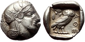 Attica, Athens AR Tetradrachm (Silver, 17.16g, 27mm) ca 353-294 BC
Obv: Helmeted head of Athena right, with profile eye.
Rev: AΘE, Owl standing righ...