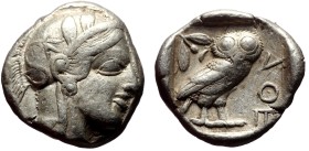 Attica, Athens AR Tetradrachm (Silver, 17.17g, 25mm) ca 353-294 BC
Obv: Helmeted head of Athena right, with profile eye.
Rev: AΘE, Owl standing righ...