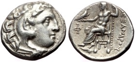 Kings of Macedon, Alexander III "the Great" (336-323 BC)
AR Drachm (Silver, 4.25g, 18mm) Kolophon.
Obv: Head of Herakles to right, wearing lion skin...