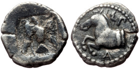 Kings of Thrace, Sparadokos AR Diobol (Silver, 1,22g, 12mm) ca 425 BC. 
Obv: Forepart of horse to left, ΣΠ above, Α below 
Rev: Eagle flying to left, ...