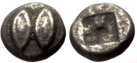 Lesbos, Uncertain mint AR Hemiobol (Silver, 0.24g, 5mm) ca 500-450 BC 
Obv: Two eyes 
Rev: Quadratum Incusum. 
Ref: Rosen 548