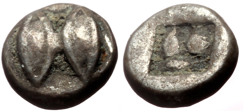 Lesbos, Uncertain mint AR Hemiobol (Silver, 0.27g, 6mm) ca 500-450 BC 
Obv: Two ...