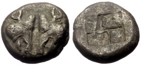 Lesbos, ca 500-450 BC. AR Diobol (Silver, 10mm, 1.17g) 
Obv: Confronted boar's heads 
Rev: Quadripartite incuse square. 
Ref: SNG Copenhagen 287; SNG ...