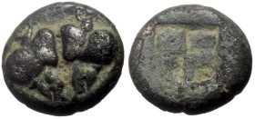 Lesbos, ca 500-450 BC. Bl Diobol (Billon, 9mm, 1.26g) 
Obv: Confronted boar's heads 
Rev: Quadripartite incuse square. 
Ref: SNG Copenhagen 287; SNG F...