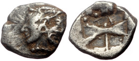 Islands off Troas, Tenedos AR Obol (Silver, 0.56g, 10mm) ca 550-470 BC. 
Obv: Janiform head, female on left, male on right 
Rev: Labrys (double-axe) w...