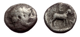 Troas, Neandria AR Obol (Silver, 0.47g, 7mm) 5th century BC).
Obv: Laureate head of Apollo right.
Rev: NEA / N, Ram standing left within incuse square...
