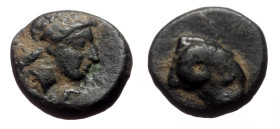 Troas, Kebren AE (Bronze, 0.98g, 10mm) ca 387-310 BC. 
Obv: Head of a ram to right. 
Rev: K-E Laureate head of Apollo to right. 
Ref: SNG Copenhagen 2...