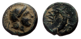 Troas, Sigeion AE (Bronze, 0.93g, 9mm) ca 350 BC 
Obv: Helmeted head of Athena r. 
Rev: Σ-I / Γ-E, Crescent. 
Ref: SNG Copenhagen 499-500; SNG von Aul...