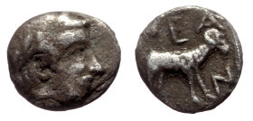 Troas, Neandria AR Obol (Silver, 0.45g, 8mm) 5th century BC).
Obv: Laureate head of Apollo right.
Rev: NEA / N, Ram standing left within incuse square...