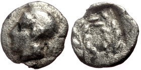Aeolis, Elaia AR Hemiobol (Silver, 0.25g, 8mm) ca 450-400 BC.
Obv: Helmeted head of Athena left 
Rev: E-Λ-A-I, olive wreath within incuse square.
Ref:...
