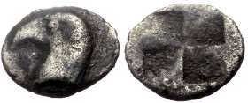 Aeolis, Kyme AR Hemiobol (Silver, 0.37g, 8mm) ca 450-400 BC. 
Obv: Eagle's head left 
Rev: Granulated “mill-sail” incuse square. 
Ref: SNG Copenhagen ...
