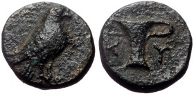 Aeolis, Kyme AE (Bronze, 1.76g, 12mm) ca 320-250 BC.
Obv: Eagle standing right
Rev: One-handled cup, K-Y. very fine
Ref: SNG Helsinki II 191; SNG v...