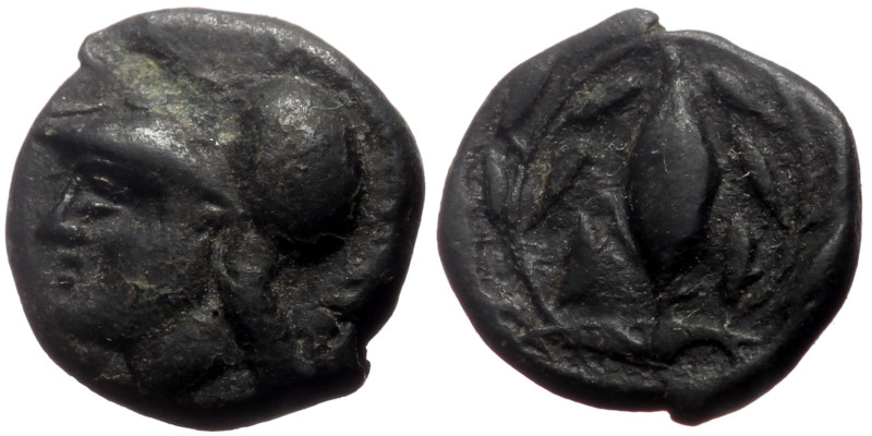 Aeolis, Elaia AE (Bronze, 1.36g, 11mm) ca 340-300 BC. 
Obv: Helmeted head of Ath...