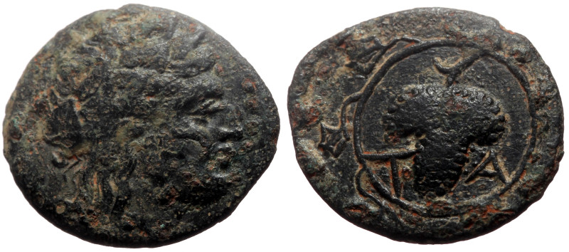 Aeolis, Temnos AE (Bronze, 3.79g, 18mm) 3rd-2nd century BC. 
Obv: Head of Dionys...