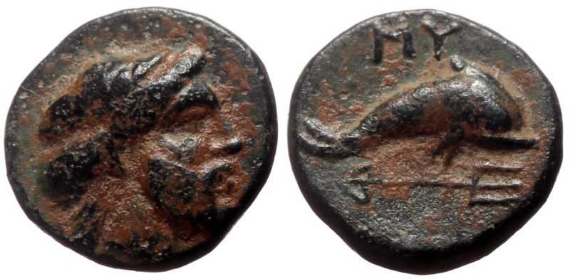 Caria, Nysiros AE (Bronze, 1.18g, 11mm) Mid 4th-late 3rd century BC.
Obv: Laurea...