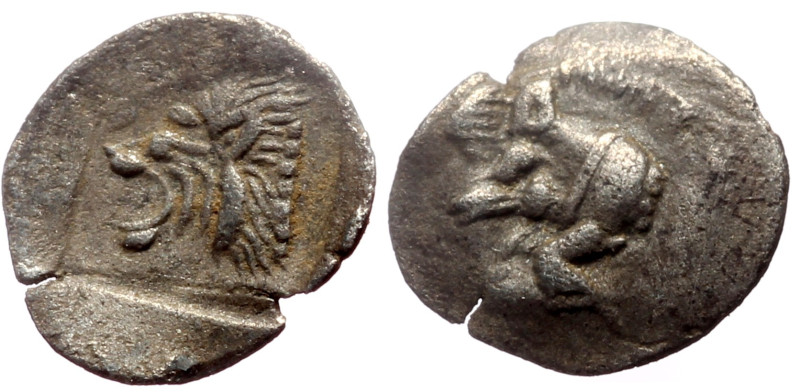 Mysia, Kyzikos AR Hemitetartemorion (Silver, 0.8g, 7mm) ca 450-400 BC
Obv: Forep...