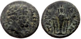 Lydia, Tabala AE (Bronze, 3.33g, 18mm) Autonomous issue, 2nd-3rd century AD. 
Obv: ΔHMO-C, bearded head of Demos right, hair bound with beads 
Rev: TA...