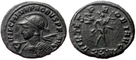 Probus (276-282) AE Antoninianus (Bronze, 21mm, 3.65g) Siscia, 278. Obv: IMP C M AVR PROBVS P AVG, radiate, helmeted, and cuirassed bust to left, hold...