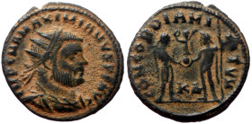 Maximianus Herculius (286-305) AE (Bronze, 3.66g, 22mm) Cyzicus 295-299. 
Obv: IMP C M A MAXIMIANVS P F AVG, radiate, draped and cuirassed bust right ...
