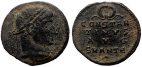 Constantine I the Great (306-337) AE (Bronze, 2.06g, 18mm) Antioch
Obv: Laureate head right 
Rev: CONSTAN/TINVS/ AVG/ SMANTE in four lines with wreath...
