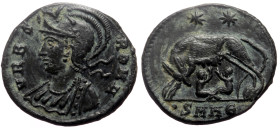 Commemorative AE (Bronze, 2.59g, 18mm) Cyzicus, 332-335
VRBS ROMA, Bust of Roma, helmeted, wearing imperial cloak, left
Rev: She-wolf, standing left, ...