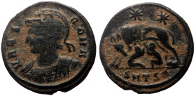 Constantine I the Great (307-337) Commemorative Series, 330-354 AE Follis (Bronze, 3.03g, 19mm) Thessalonica, 336-7. 
Obv: VRBS ROMA Helmeted and mant...