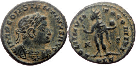 Constantine I The Great (307-337) AE Follis (Bronze, 3.53g, 20mm) Lugdunum (Lyon)
Obv: IMP CONSTANTINVS P F AVG, Bust of Constantine I, laureate, cuir...