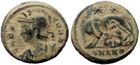 Commemorative Series AE Follis (Bronze, 2.08g, 16mm) struck under Constantine I, Antioch, 330-335. 
Obv: VRBS ROMA / SMANΘ, Helmeted and mantled bust ...