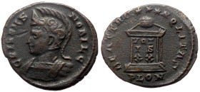Crispus (Caesar, 316-326) AE Follis (Bronze, 2.59g, 20mm) Londinium
Obv: CRISPVS NOBIL C, Helmeted and cuirassed bust left.
Rev: BEATA TRANQVILLITAS /...
