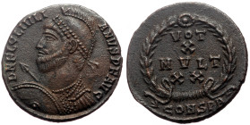 Julian II Apostata (361-363) AE Follis (Bronze, 2.57g, 19mm) Constantinople.
Obv: D N FL CL IVLIANVS P F AVG, Helmeted, diademed and cuirassed bust le...
