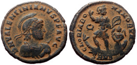 Valentinian II (375-392) AE Follis (Bronze, 4.92g, 22mm) Nicomedia, 379. 
Obv: D N VALENTINIANVS P F AVG, helmeted, pearl-diademed, draped and cuirass...