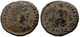 Theodosius I AE Follis (Bronze, 2.13g, 17mm) Antioch, 378-383. 
Obv: D N THEODOSIVS P F AVG, pearl diademed, draped and cuirassed bust right 
Rev: CON...