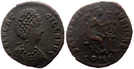 Aelia Flacilla, wife of Theodosius I AE (Bronze, 4.51g, 22mm) Constantinople, 378-388 
Obv: Draped bust right, wearing elaborate headdress, necklace, ...