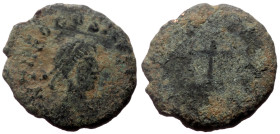 Theodosius II (402-450) AE Nummus (Bronze, 11mm, 0.72g) Uncertain mint 
Obv: D N THEODO-SIVS P F AVG, diademed, draped and cuirassed bust of Theodosiu...