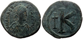 Anastasius I (491-518) AE Half Follis (Bronze. 28mm, 9.86g) Constantinople, 3rd officina, 498-518. 
Obv: D N ANASTASIVS P F AVC, Pearl-diademed, drape...