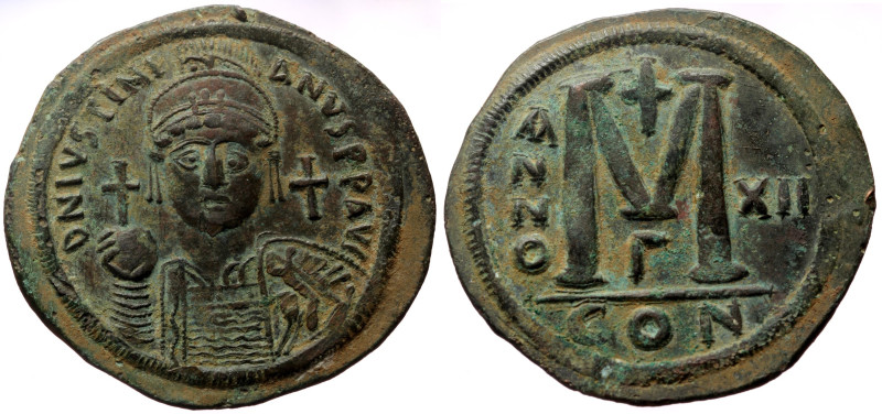 Justinian I (527-565) Æ Follis (Bronze, 22.52g, 42mm) Constantinople, Dated RY 1...