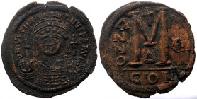 Justinian I (527-565) AE Follis (Bronze, 20.85g, 40mm) Constantinople.
Obv: D N IVSTINIANVS P P AVC, Helmeted and cuirassed facing bust, holding globu...