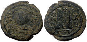 Justinian I (527-565) AE Follis (Bronze, 25.17g, 38mm) Constantinople, year 15 = 541-542, officina E 
Obv: DN IVSTINI ANVS PP AVC, Justinian bust faci...