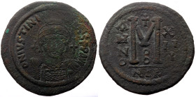 Justinian I (527-565) AE Follis (Bronze, 20.79g, 40mm) Nicomedia, RY 13 = 539-540. 
Obv: D N IVSTINIANVS P P AVC Helmeted and cuirassed bust of Justin...