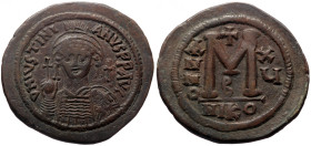 Justinian I (527-565) AE Follis (Bronze, 40mm, 22.11g) Nicomedia, RY 15 (541/542). 
Obv: DN IVSTINIANVS PP AVG, Diademed, helmeted, and cuirassed faci...