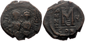 Justin II (565-578) AE Follis (Bronze, 28mm, 13.62g) Constantinople, year 5 (569/570) 
Obv: Justin, holding cross on globe, and Sophia, holding crucif...