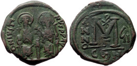 Justin II and Sophia (565-578 ) AE Follis (Bronze, 14.86g, 30mm) Constantinople, Year 6 = 570/1 
Obv: D N IVSTI - NVS PP AVG, Justin and Sophia seated...