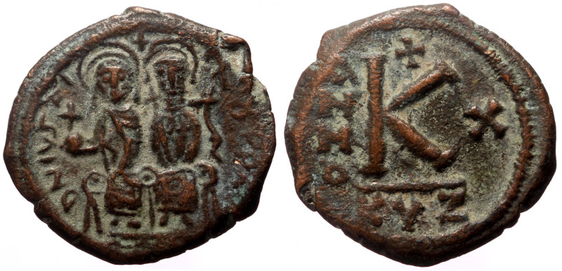 Justin II, with Sophia (565-578) AE Half Follis (Bronze, 6.60g, 23mm) Kyzikos
Ob...